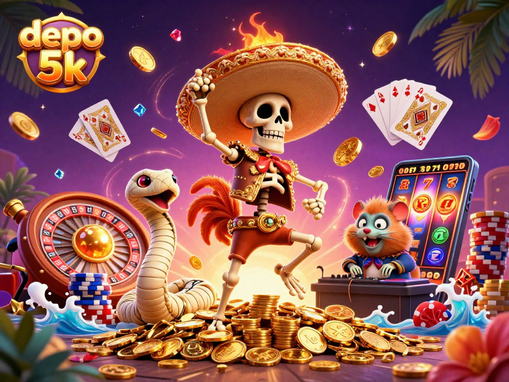 Experience exciting gameplay with depo 5k, featuring vibrant illustrations and casino symbols.