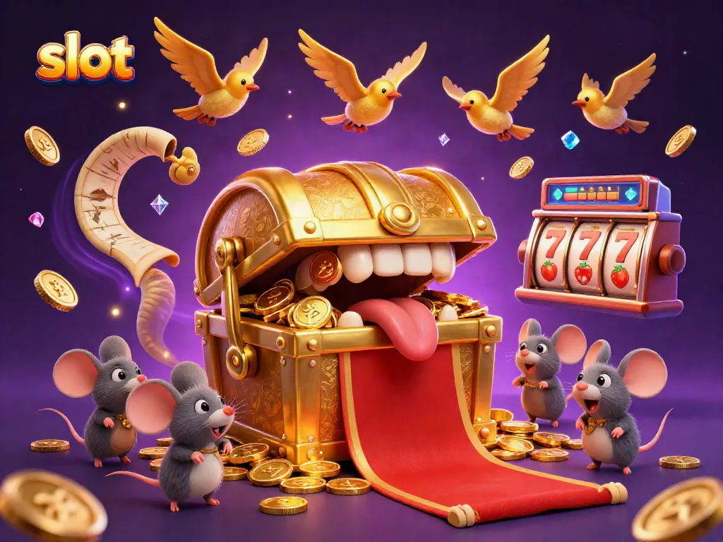 Menyimpan slot yang menghiasi peti harta karun emas dengan koin dan simbol buah yang menyilaukan di dunia kasino.