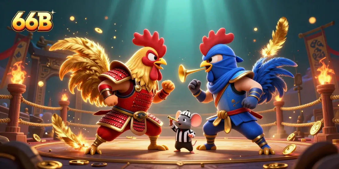 66B rooster showdown portrays intense gambling action in a vibrant casino atmosphere.