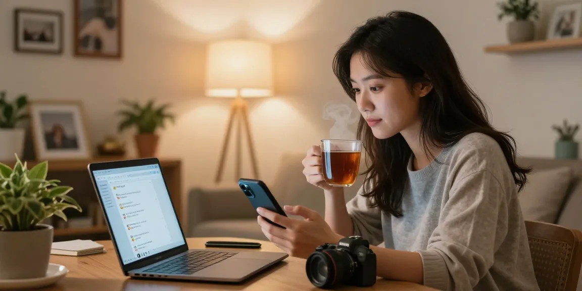 Woman engaging with her AI girlfriend on smartphone in a cozy living room, showcasing emotional connection.