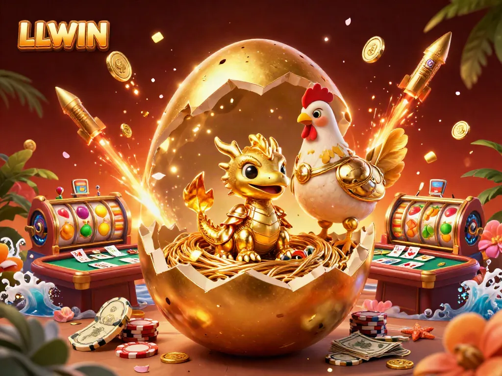 Experience thrilling gaming adventures with LLWIN's vibrant illustration featuring a golden dragon and poker elements.