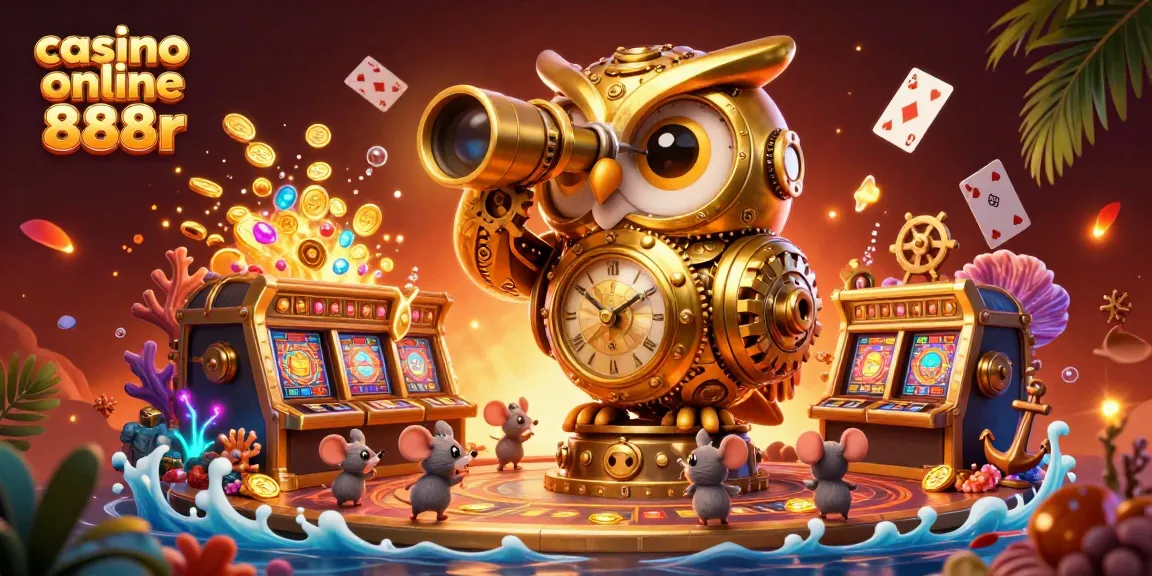 A vibrant casino online 888r illustration showcasing a golden owl and tiny patrons amidst a lively casino environment with gold coins.