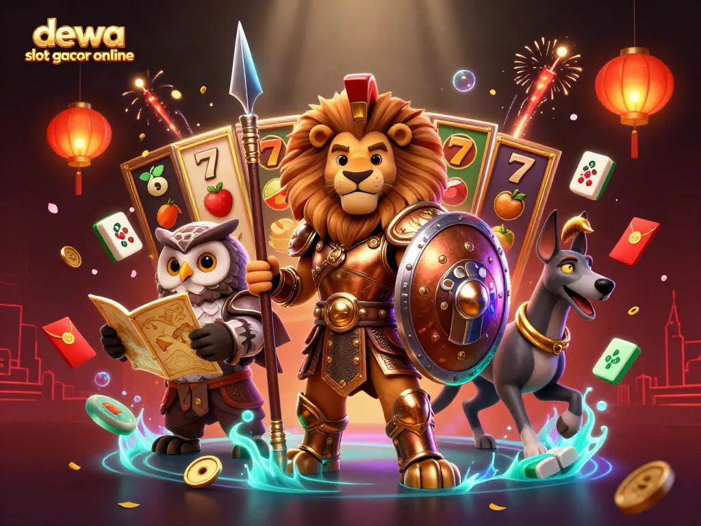 Permainan dewa slot gacor online dengan karakter Spartan, burung hantu, dan anjing greyhound dalam suasana kasino yang penuh warna.