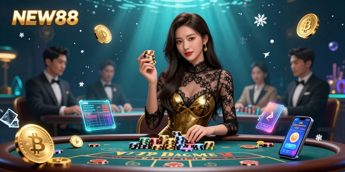 Experience the high-stakes energy at NEW88 with beautiful dealers and vivid casino game elements.
