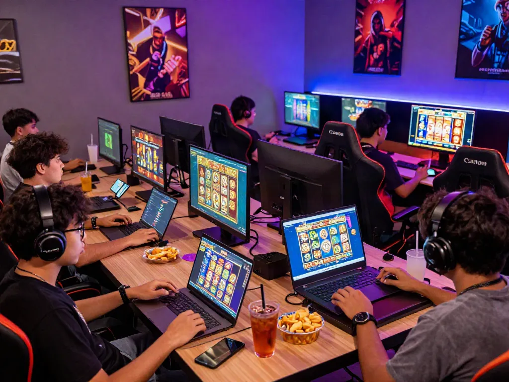 Players enjoying slot online gacor in a modern gaming lounge with vibrant decor and engaging atmosphere.