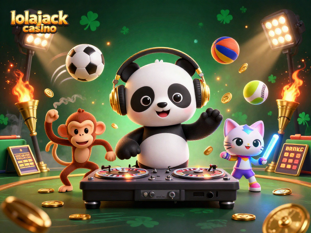 Experience the fun at lolajack casino with vibrant characters and casino elements in an energetic 3D scene.
