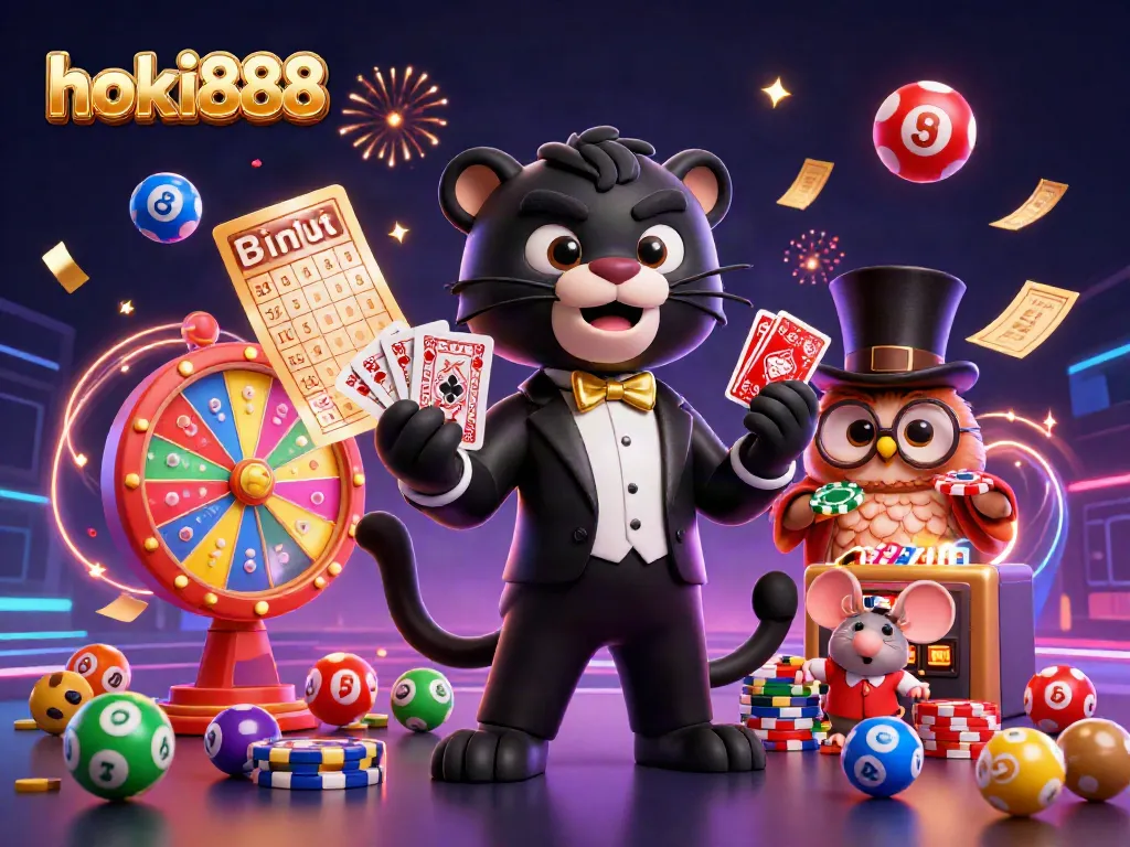 Hoki888 menyajikan ilustrasi 3D berwarna-warni dengan karakter panther, burung hantu dan tikus dalam suasana permainan slot yang meriah.