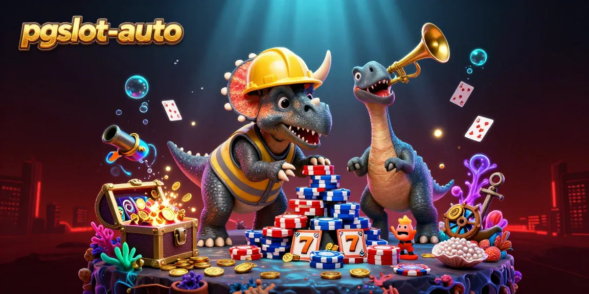 Celebrate gaming victories with pgslot-auto as a triceratops builds poker chip pyramids in a vibrant casino scene.