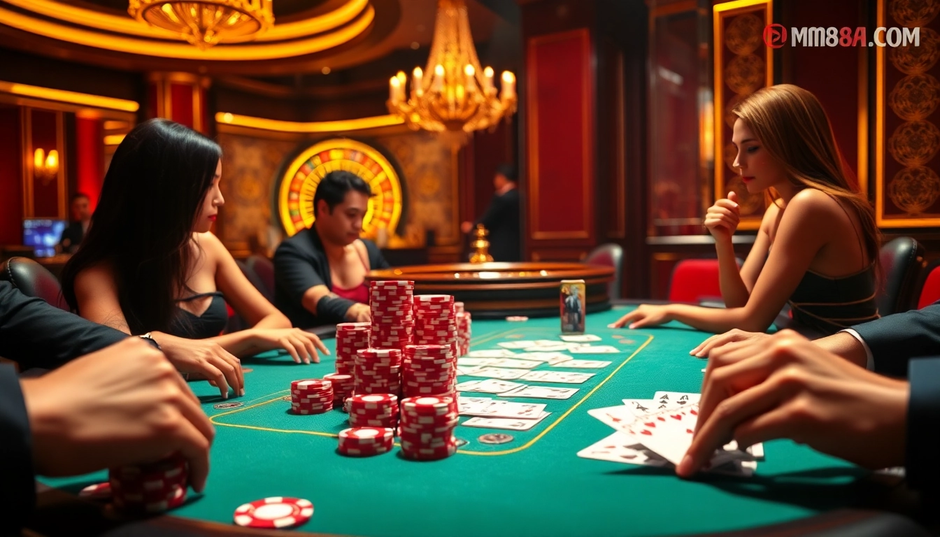 High-stakes poker game at https://mm88.sa.com/, featuring glamorous players and luxurious casino elements.