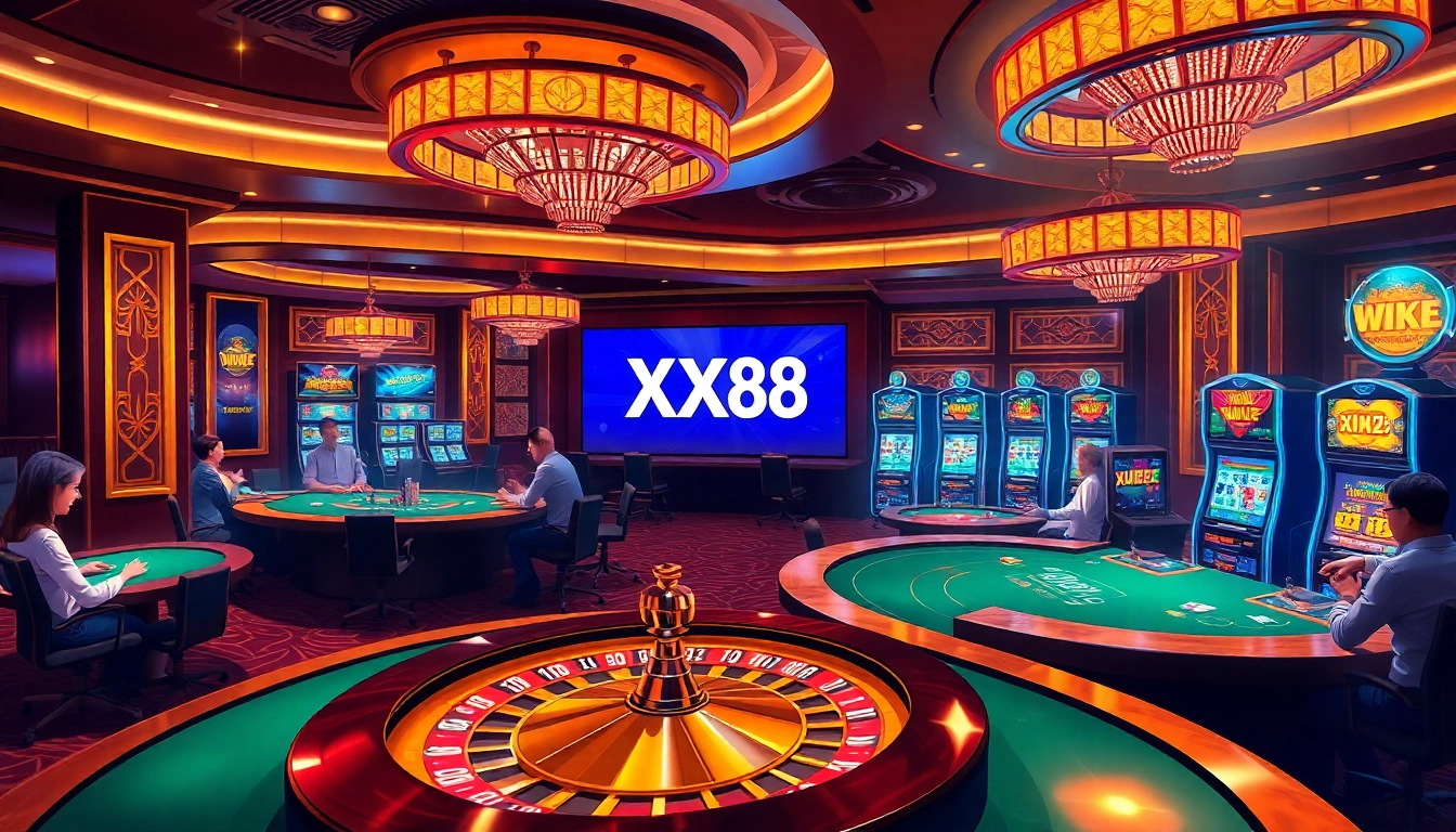 Players enjoying a thrilling moment at XX88 casino with vibrant slot machines and a roulette wheel.