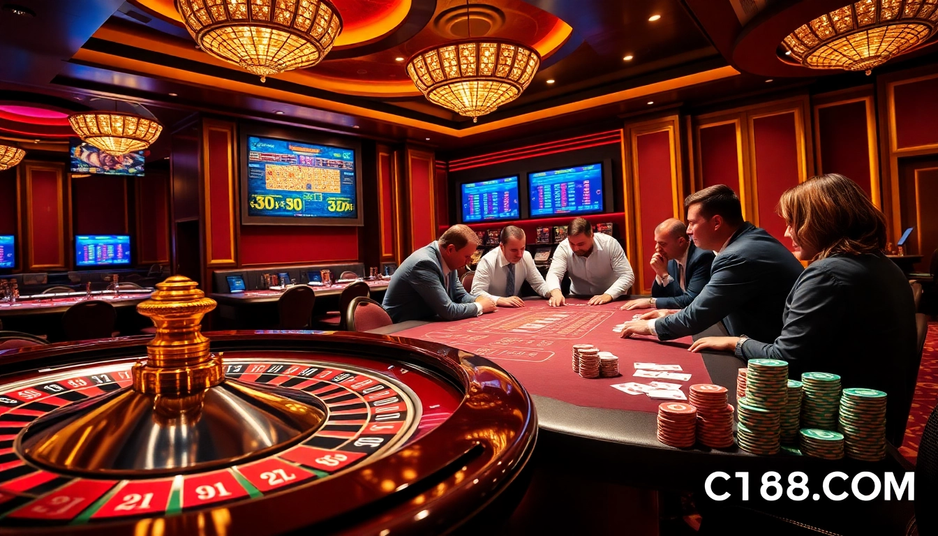 Engaged players strategizing at the luxurious C168 COM casino tables filled with vibrant chips and cards.
