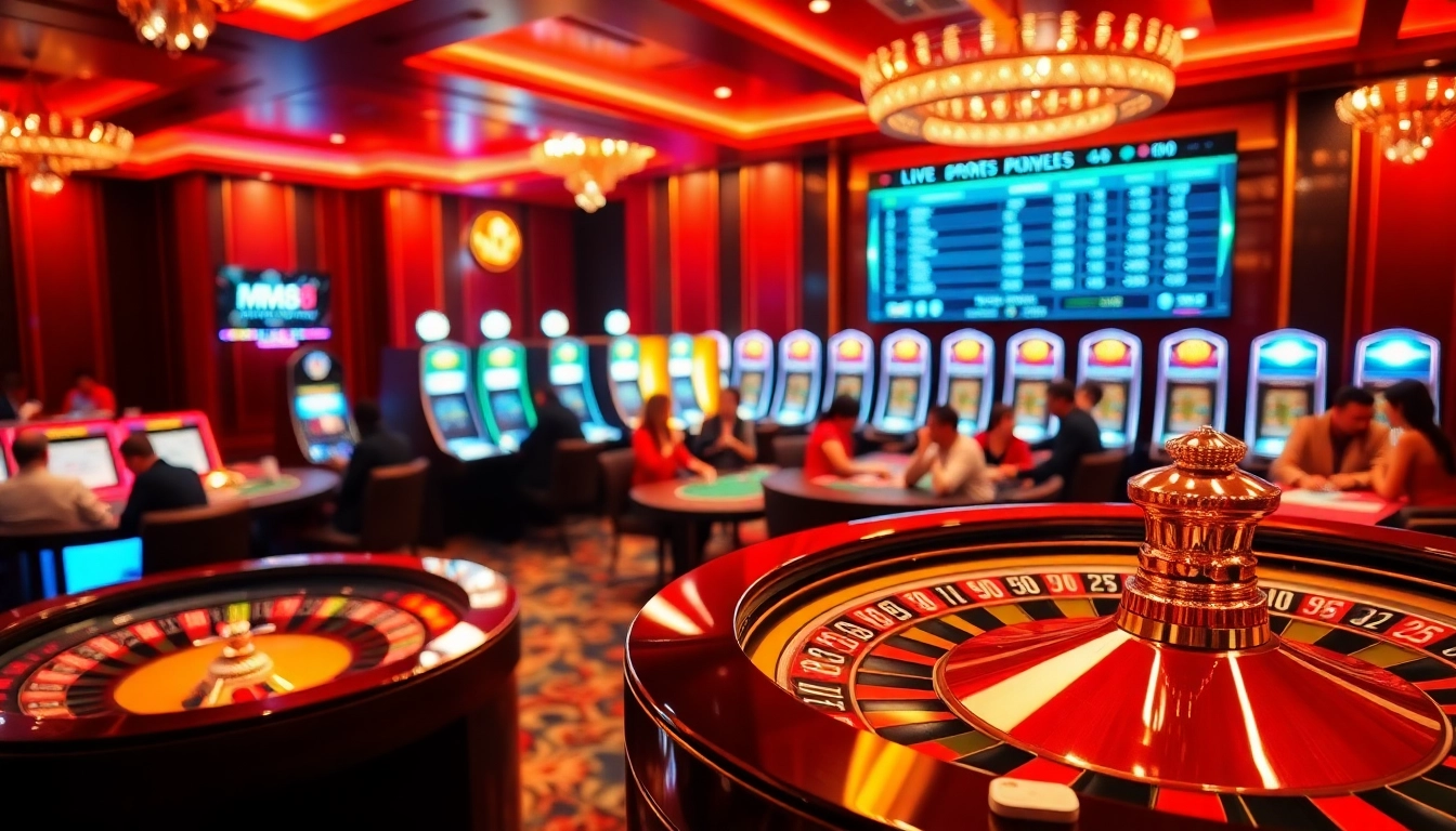 MM88 gaming experience with roulette, poker tables, and vibrant casino atmosphere.
