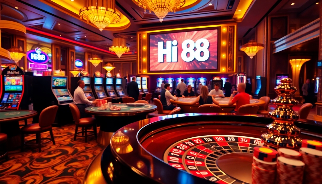 Experience the excitement of Hi 88 while playing at luxurious casino tables with vibrant chips.