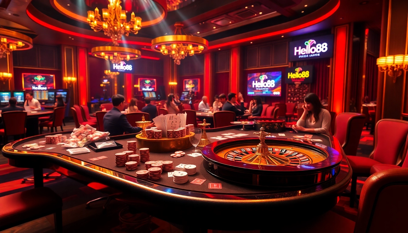 Experience thrilling casino excitement with Hello88, featuring luxurious gaming tables and poker chips.