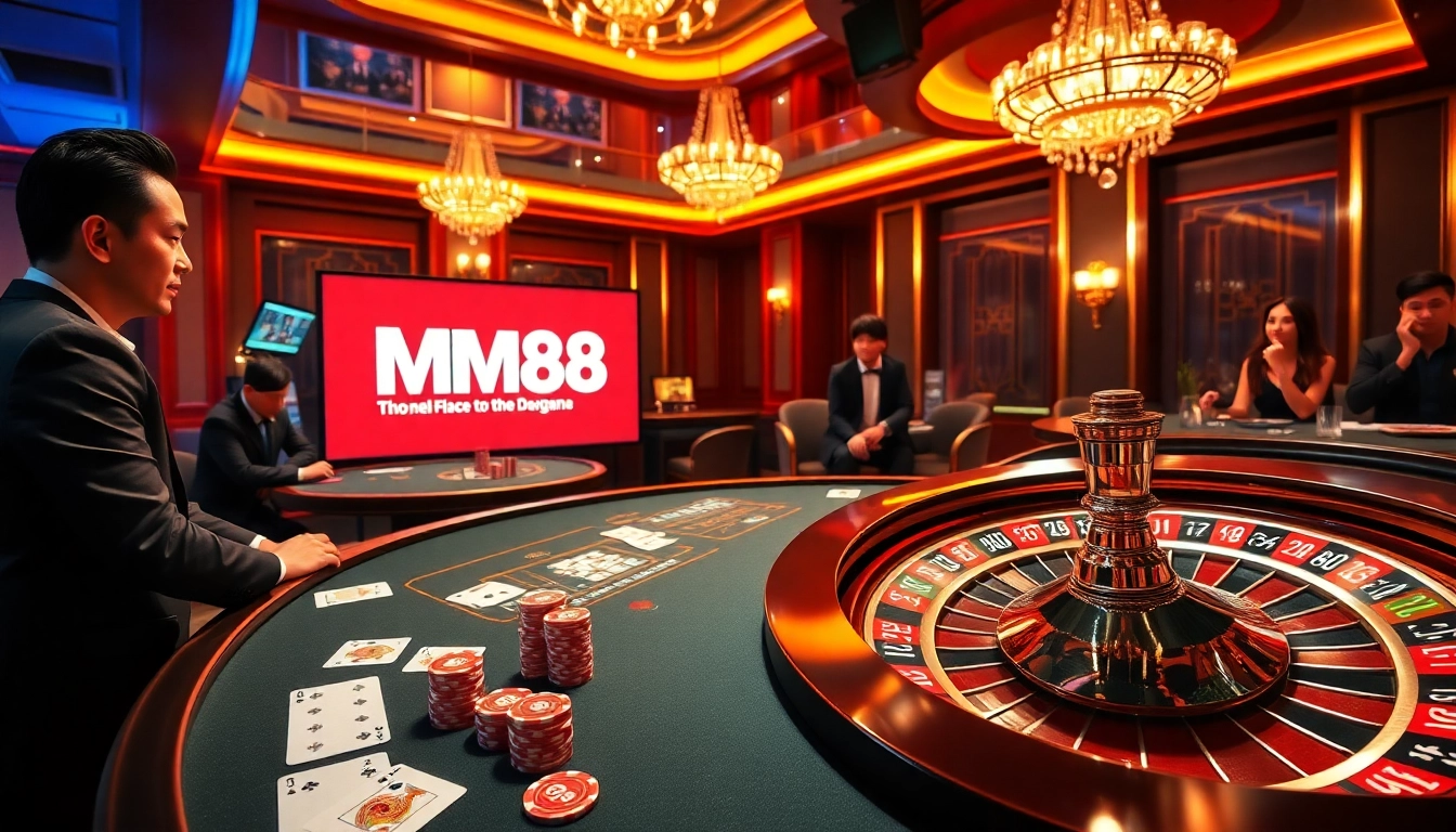 Experience the excitement of MM88 with poker chips and casino games showcased in a vibrant setting.