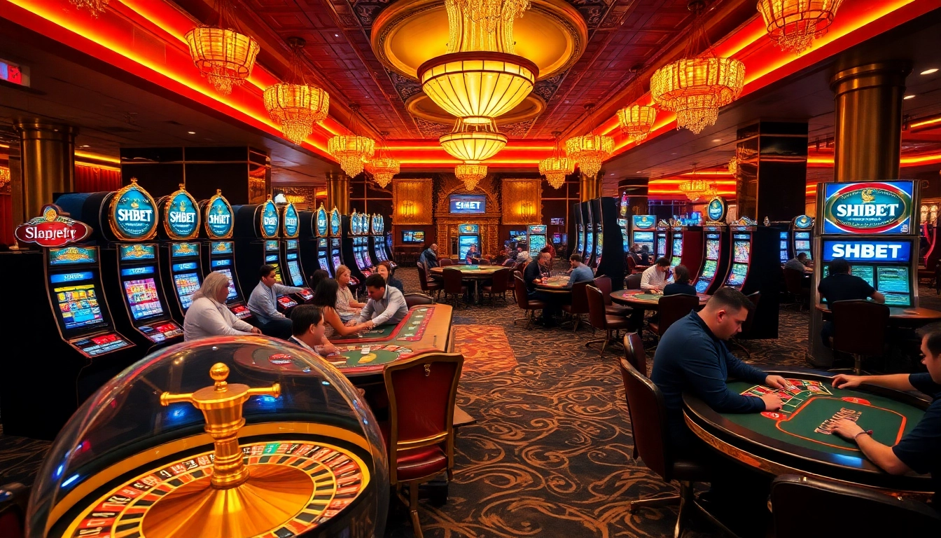 Dynamic SHBET casino scene featuring players at slots and tables in an exciting environment.