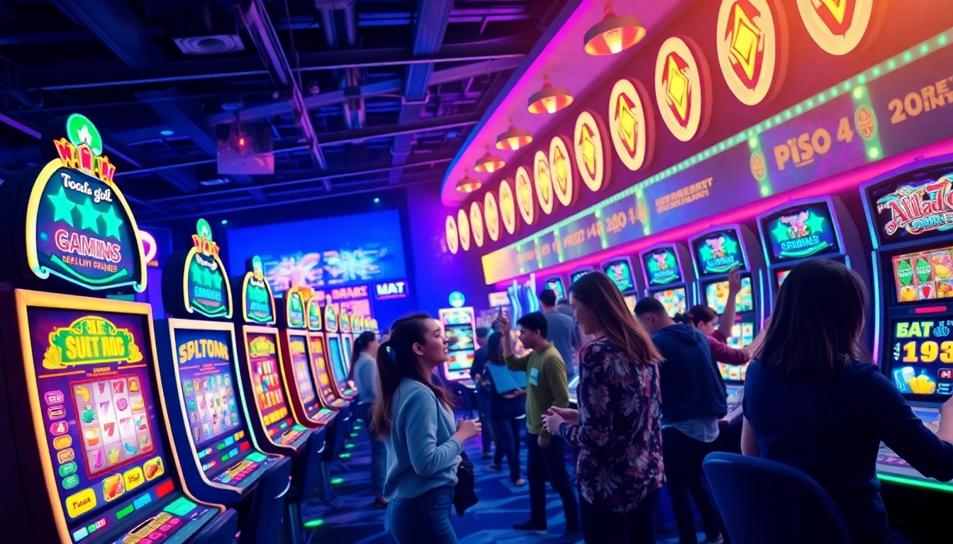 Situs kode4d showcasing an engaging online gaming environment with vibrant slot machines and diverse players.