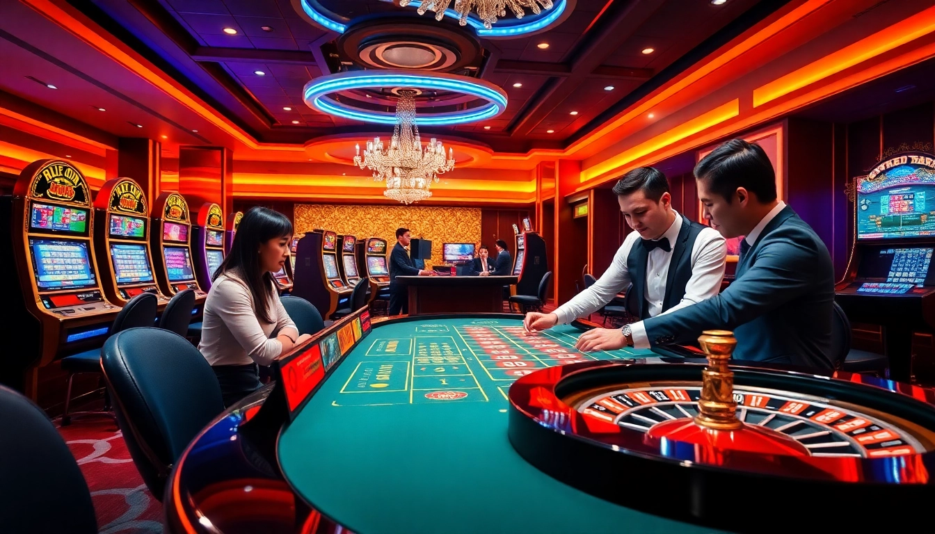 An exhilarating gaming table scene at https://new88bet.us/ showcasing professional dealers and engaged players in a vibrant casino atmosphere.