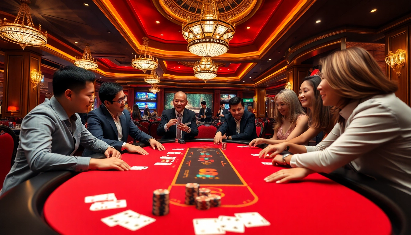 Engaged players enjoying the thrill of BJ 888 blackjack at a luxury casino table.