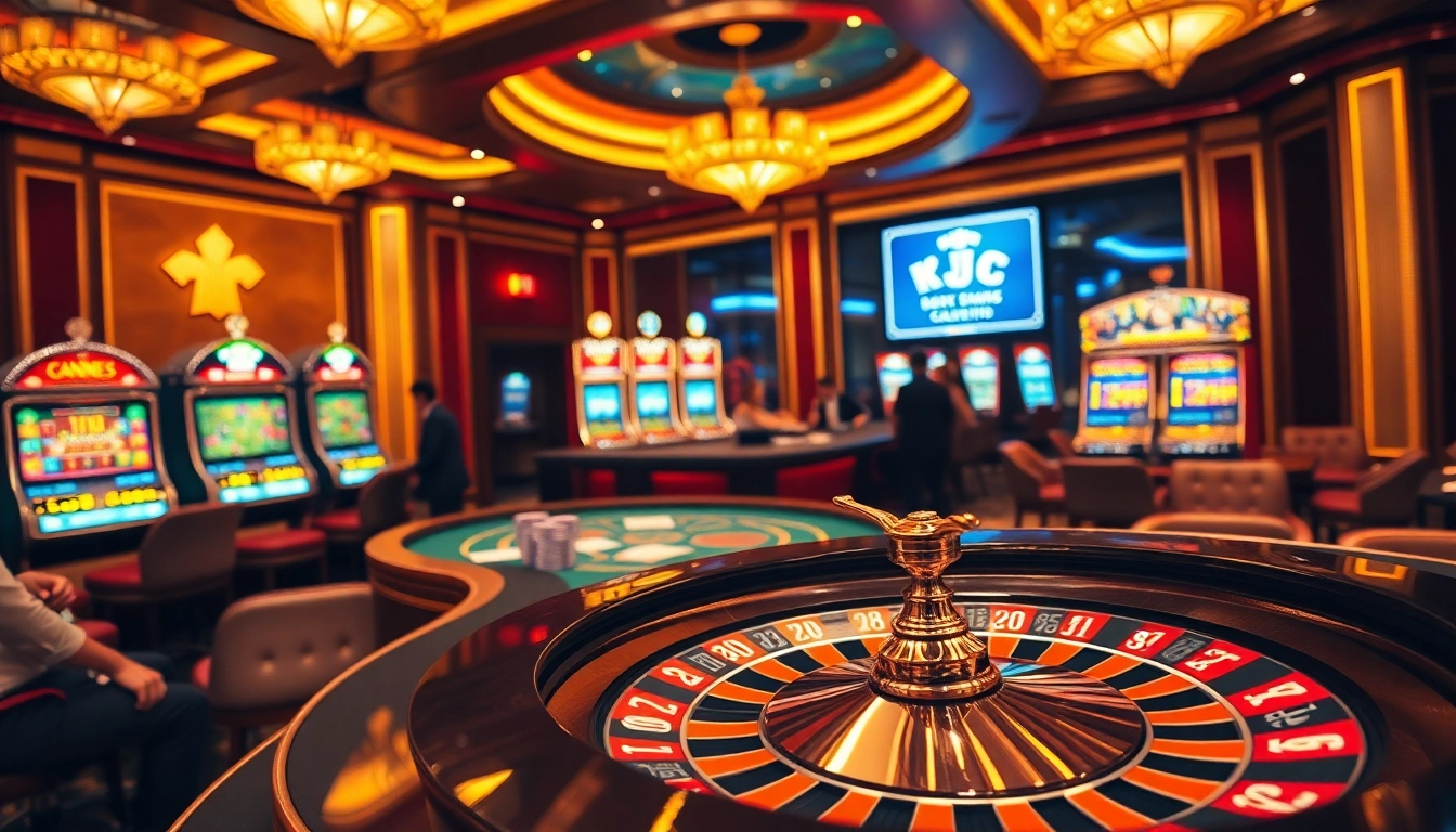 KJC branded casino scene featuring poker chips, cards, and roulette wheel.