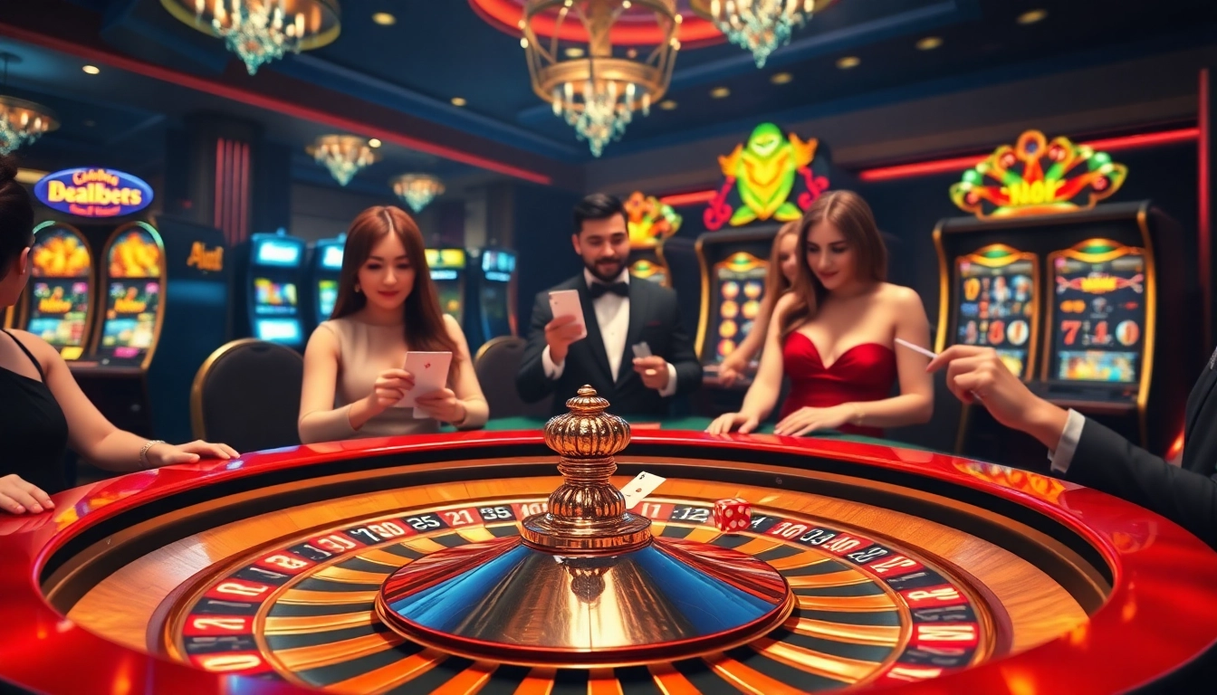 Experience thrilling betting excitement at 669bet with glamorous casino elements like poker tables and roulette wheels.