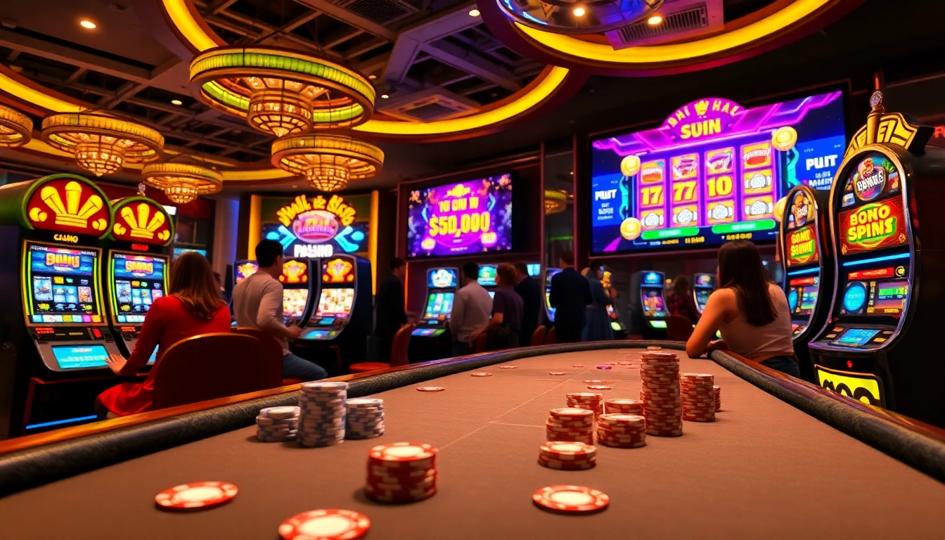 Exciting atmosphere of nổ hũ online gaming with colorful slot machines and vibrant poker chips.