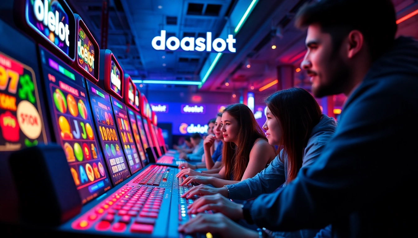 Engaging scene highlighting doaslot online gaming with vibrant slot machine graphics and diverse players.