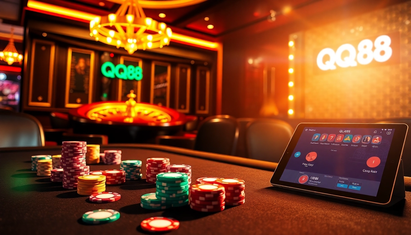 Experience the excitement of QQ88 at a luxurious poker table with vibrant chips and cards.