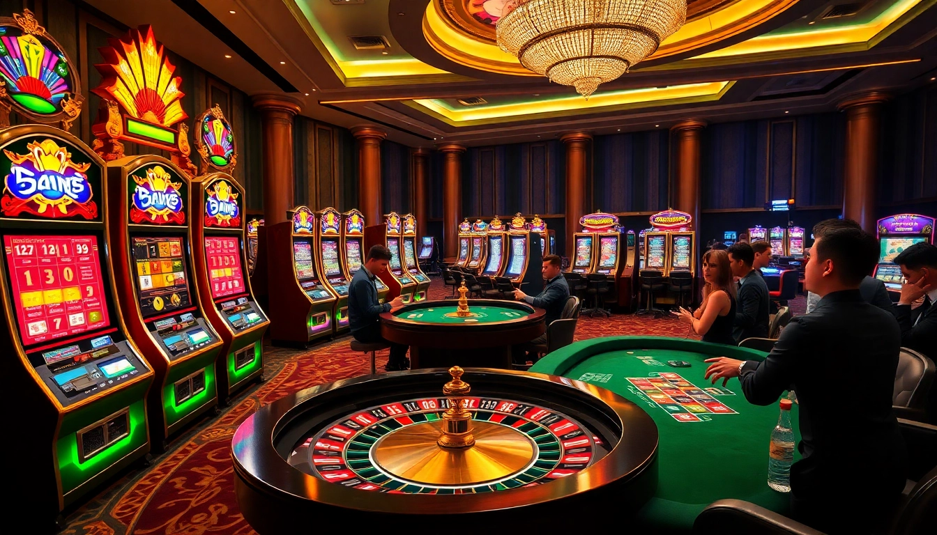 Excited players enjoying high-stakes gambling at Vmax casino tables with vibrant slot machines.
