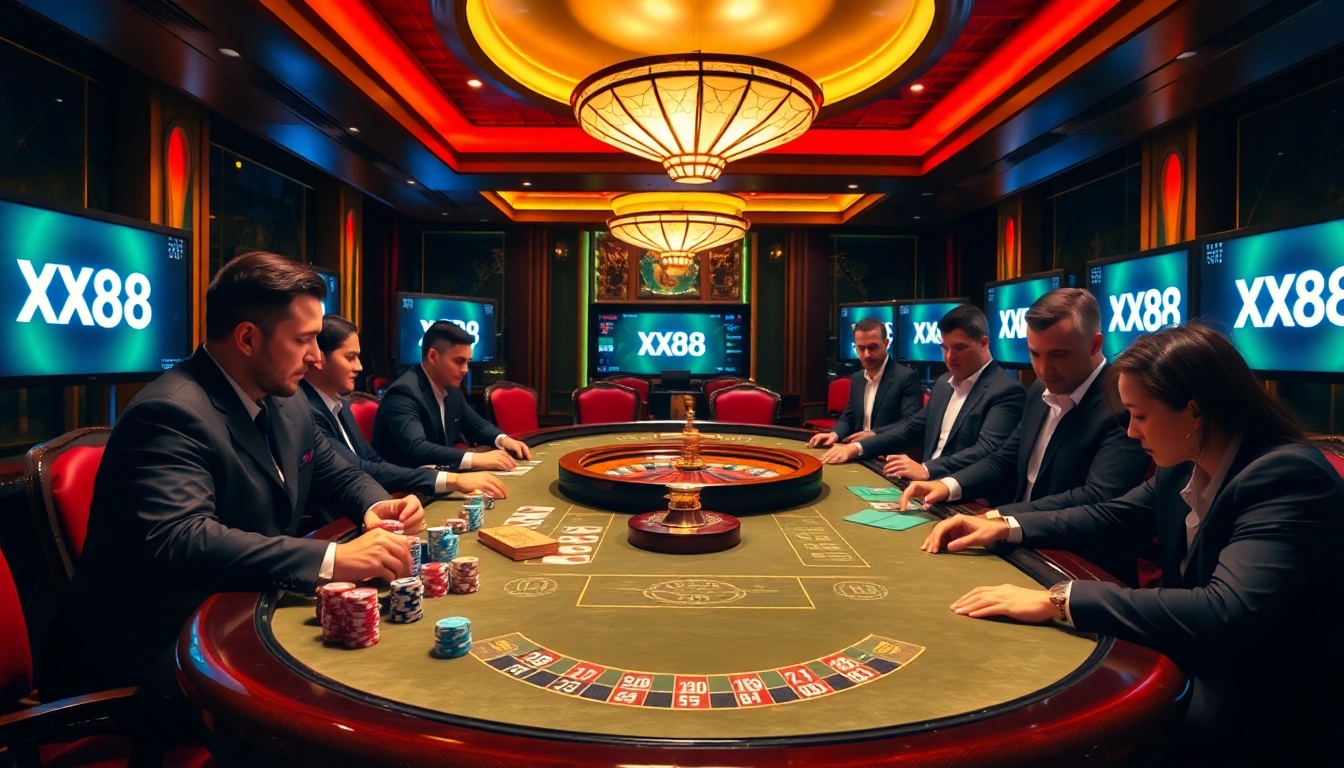 Experience high-stakes gaming at XX88's luxurious casino atmosphere.