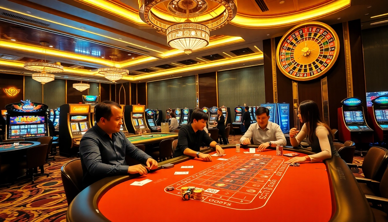 Players enjoy Baccarat at nhà cái hi88, surrounded by exciting casino games and vibrant decor.