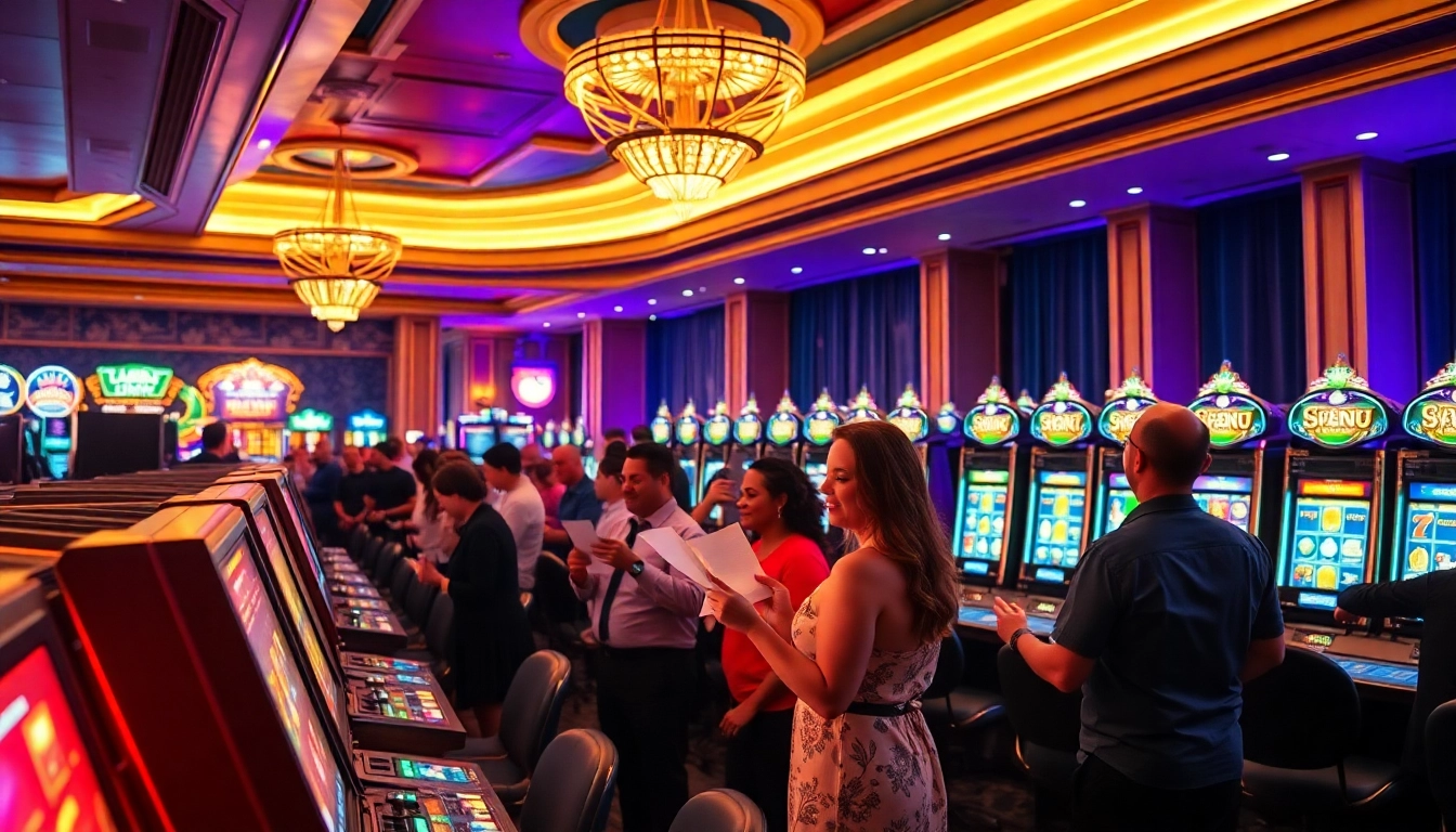 Dynamic scene of 슬롯사이트 excitement with players celebrating wins at vibrant slot machines.