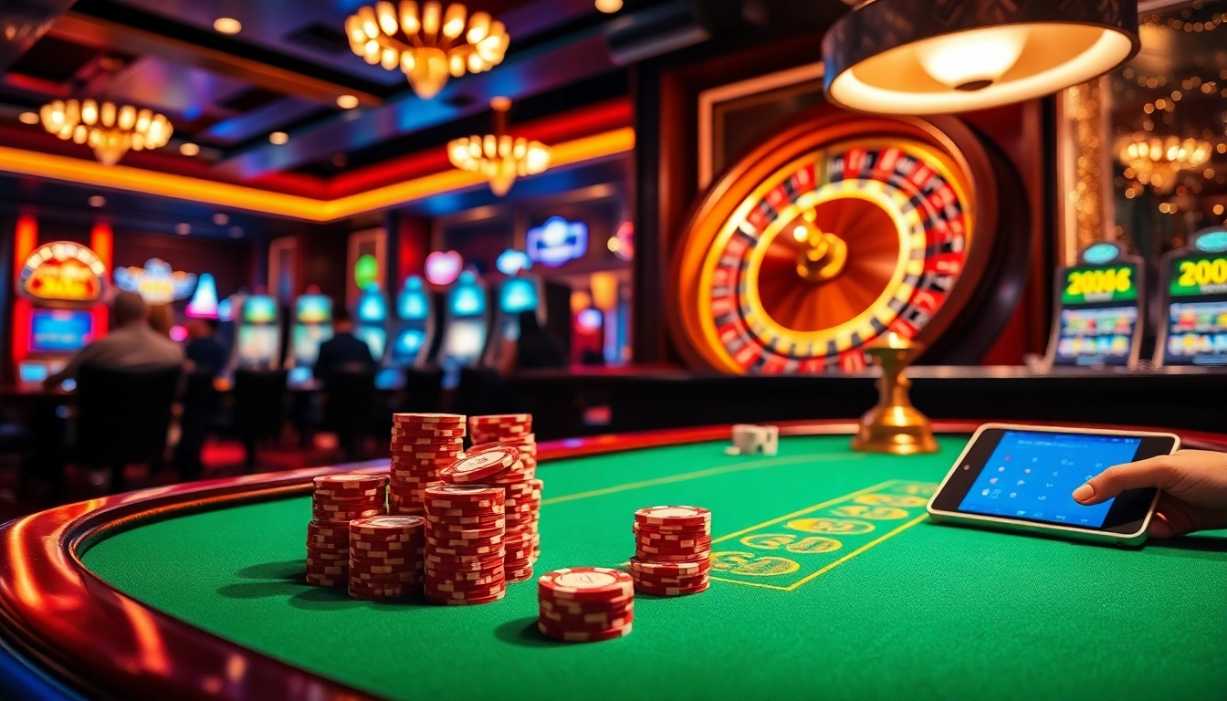 Engaging poker players at nhà cái c168 casino table with vibrant chips and roulette wheel.