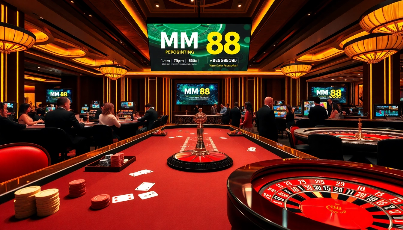 Engaging scene showcasing MM 88 casino atmosphere with players at poker and roulette tables.