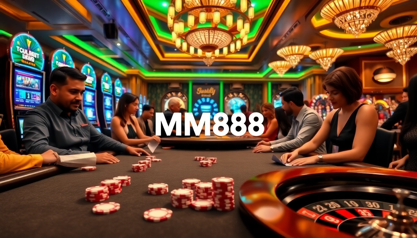 Exciting casino atmosphere featuring MM88 poker gameplay with engaged players and vibrant slot machines.