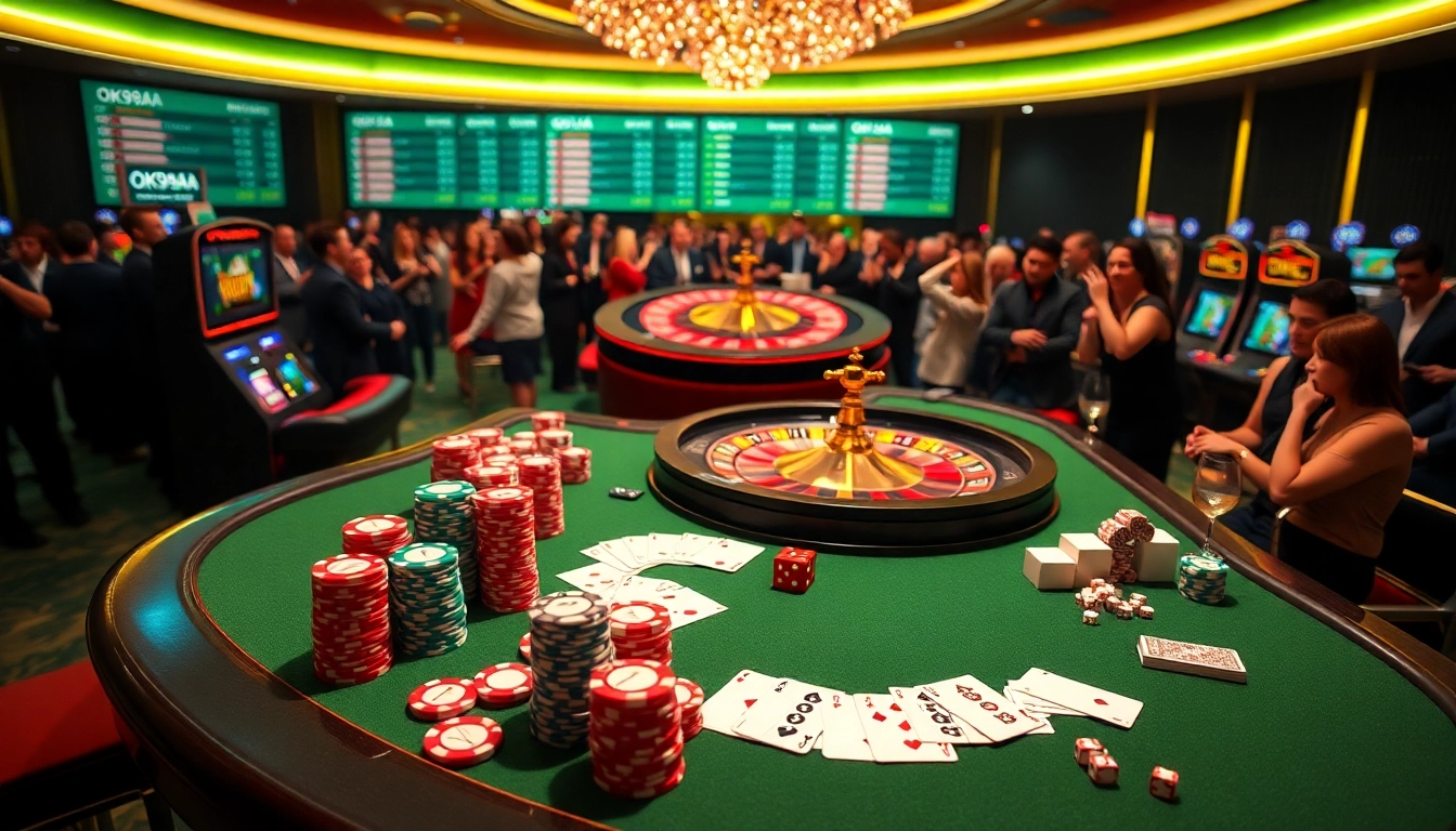 Experience thrilling gambling at the OK9AA poker table, with vibrant chips and a lively atmosphere.