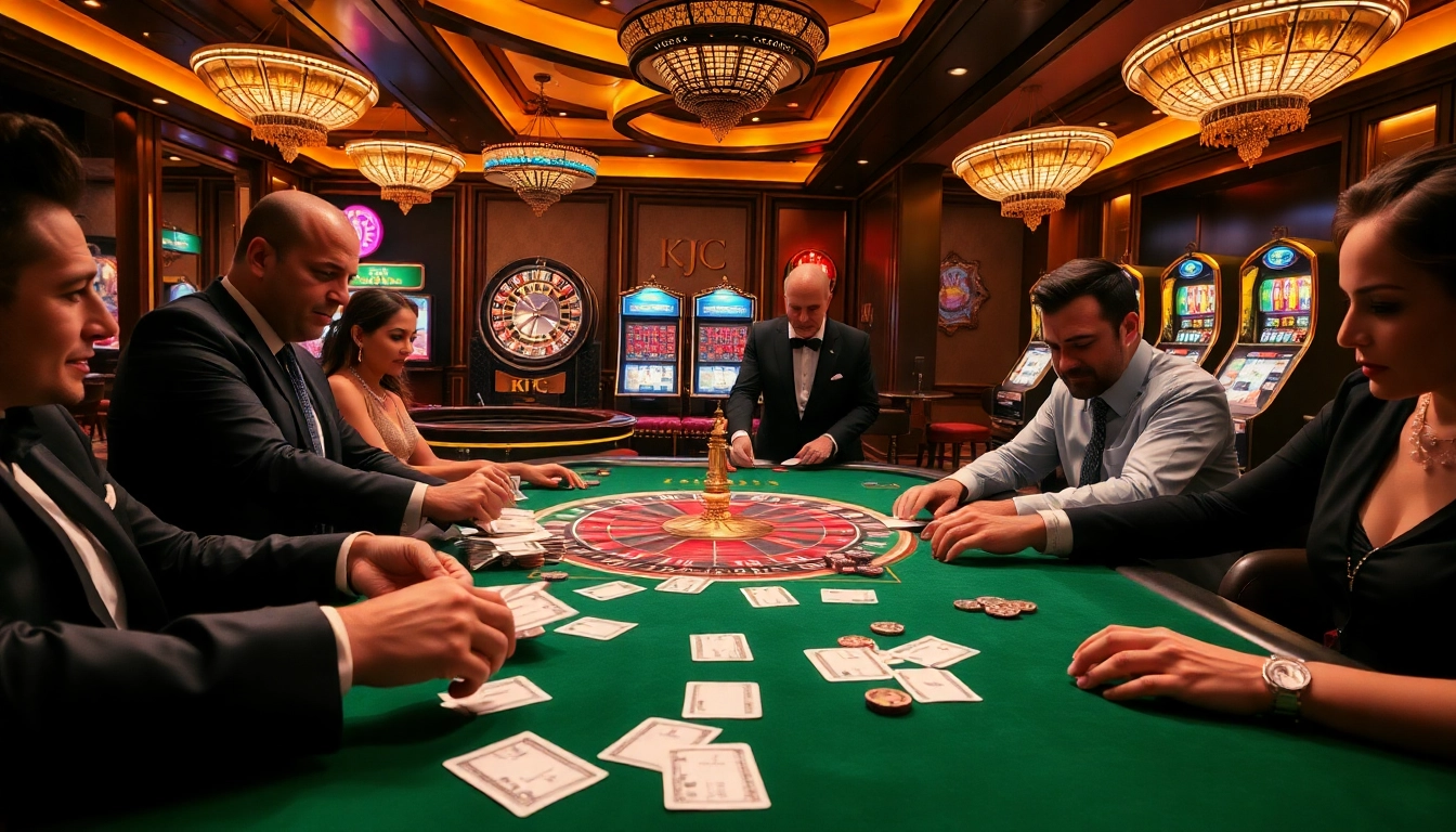 KJC themed high-stakes casino scene showcasing excitement at a gaming table.