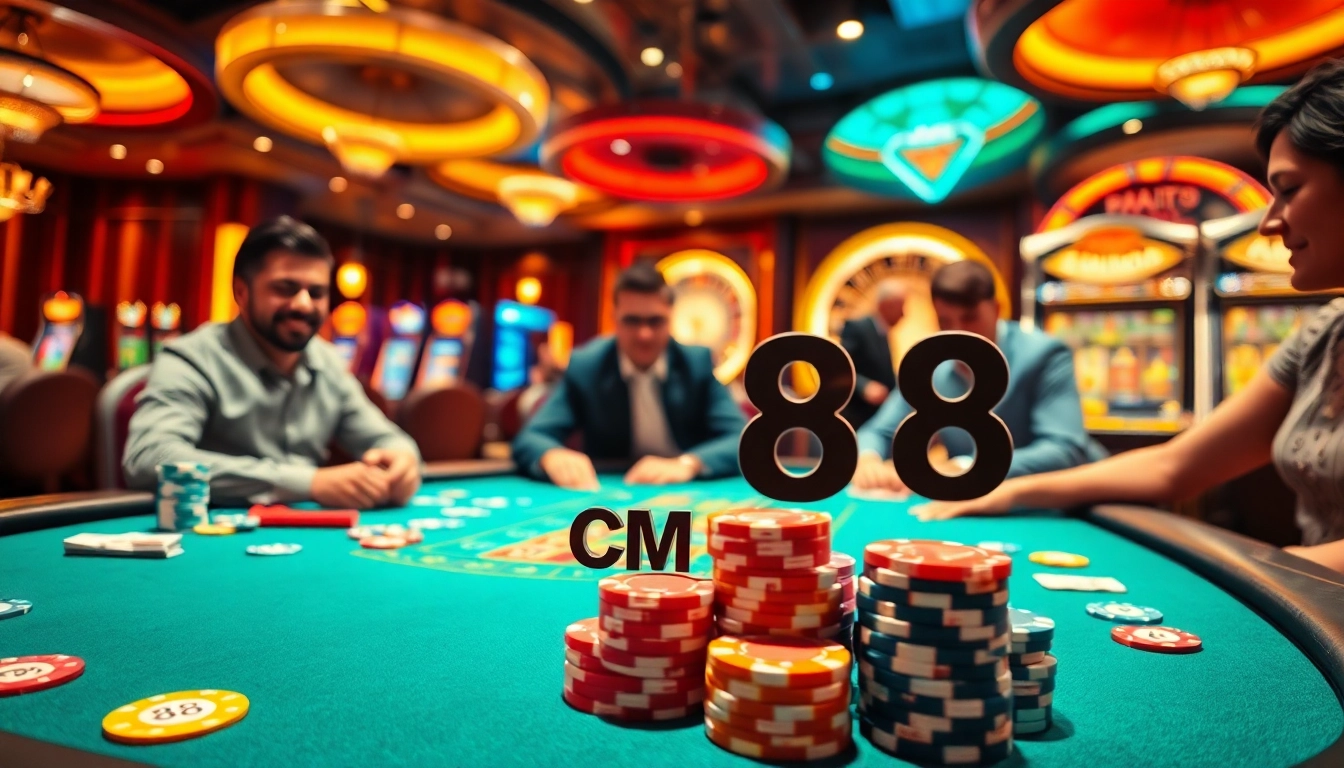 Experience the thrill of gaming at CM88 with vibrant poker tables and exciting casino atmosphere.