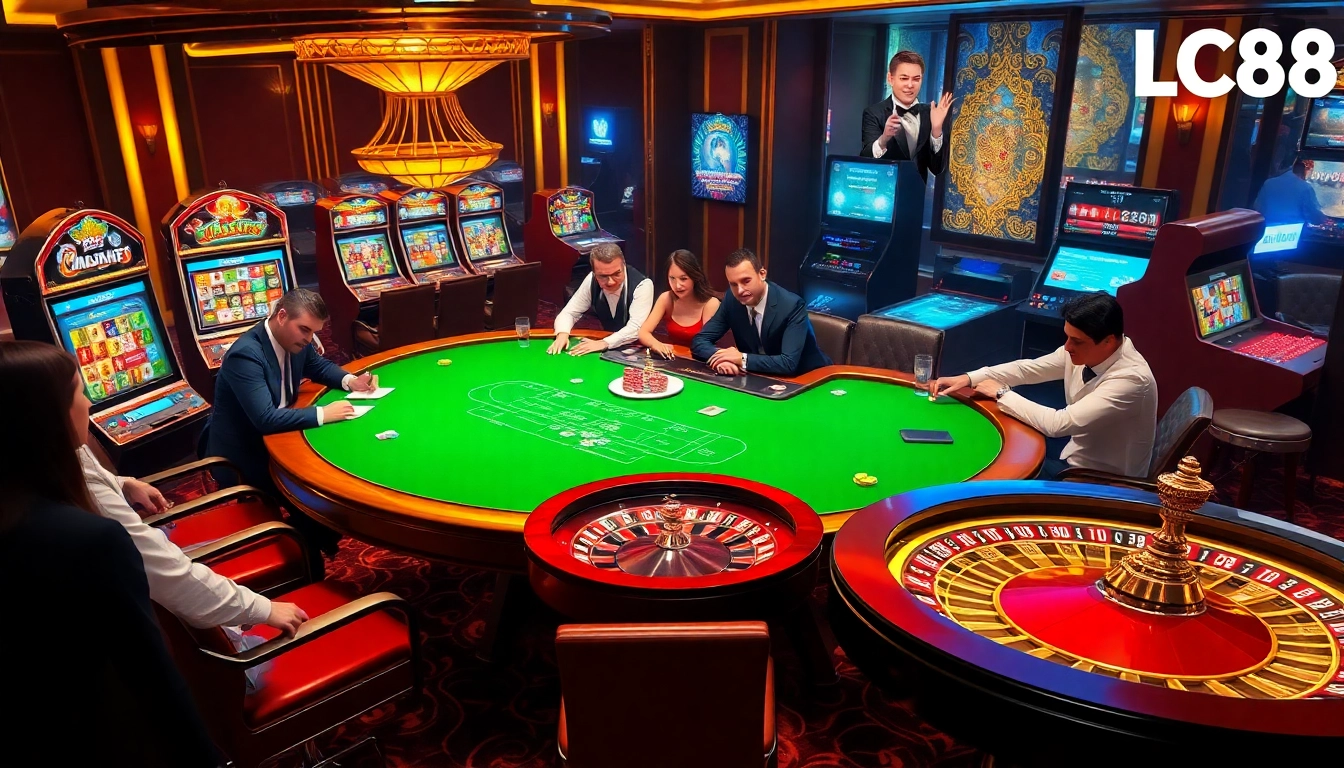 Exciting gambling scene at Nhà cái LC88 featuring poker, vibrant slot machines, and roulette wheels.