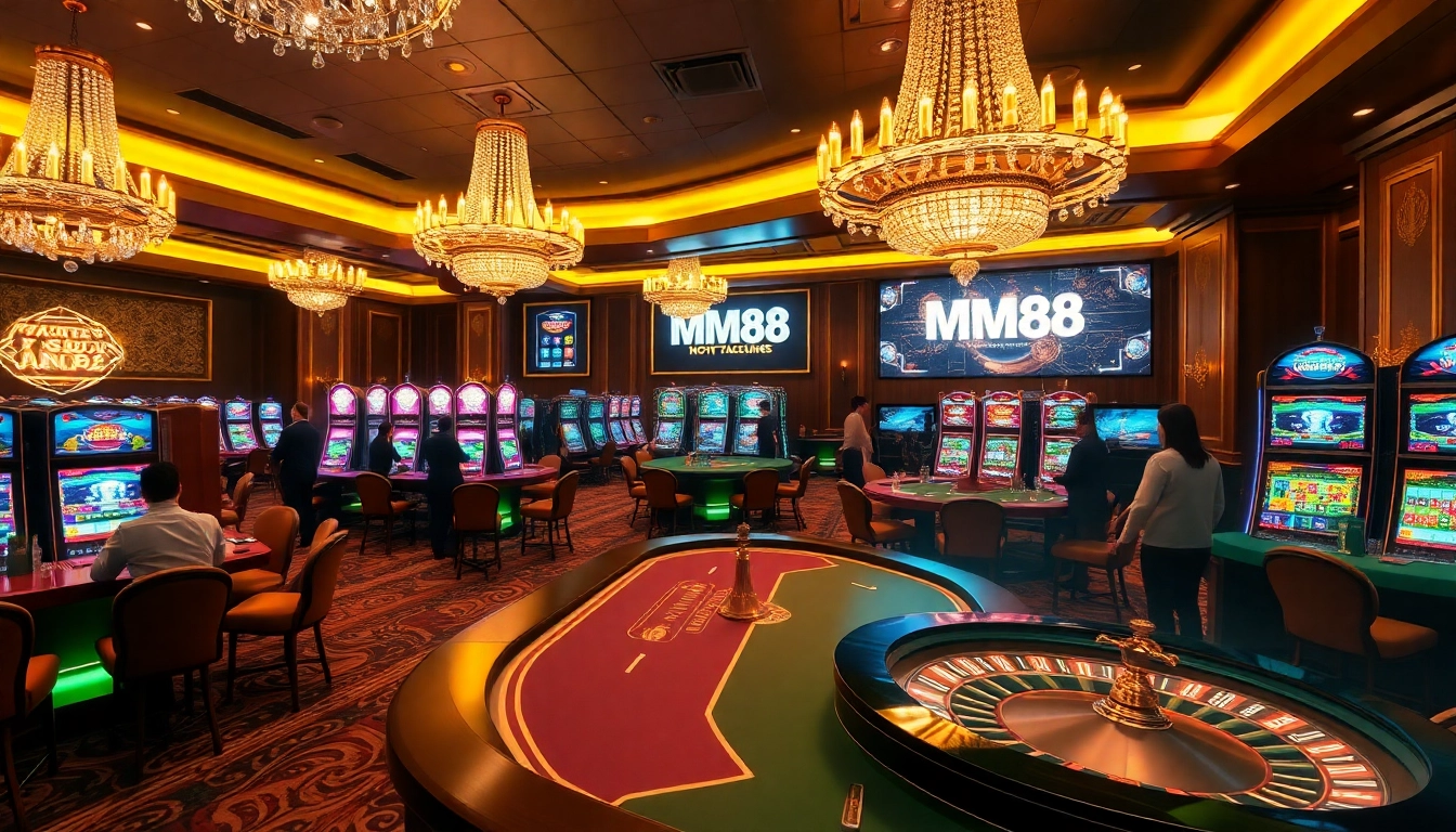 MM88 offers an exciting casino experience with luxurious gambling tables and vibrant slot machines.