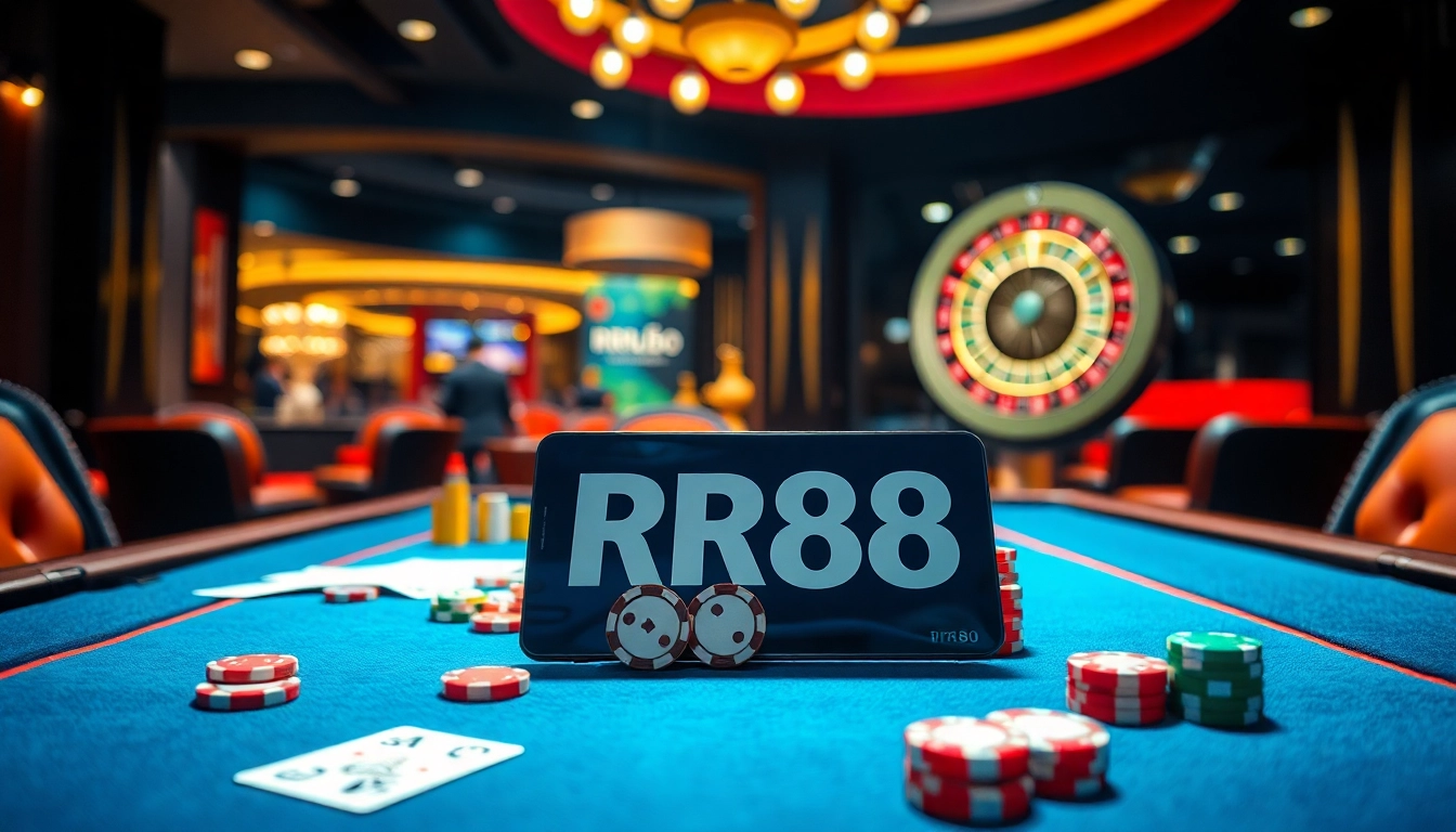 Experience RR88 in action with vibrant casino gaming elements like chips and cards.