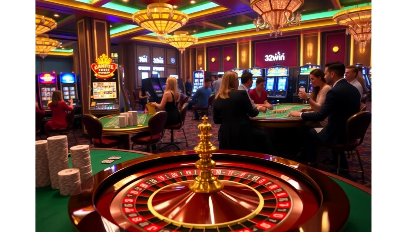 Engaging players at a vibrant casino scene featuring 32win’s thrilling gambling elements.