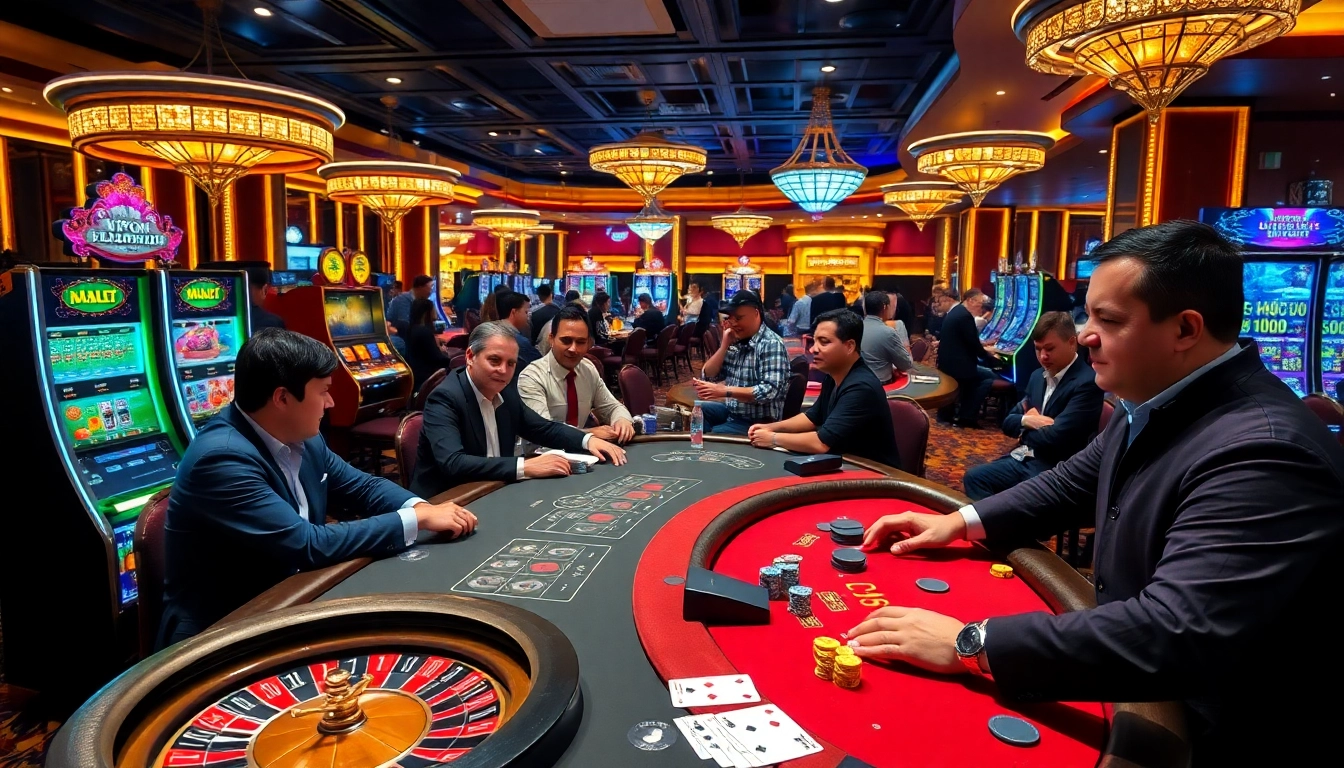 Experience the thrilling atmosphere of GK88 COM with players at poker and slot machines.