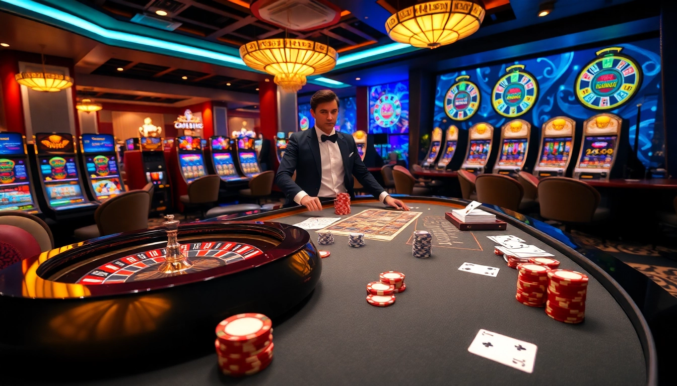 KJC gaming scene with exciting casino tables, cards, and roulette wheels for a thrilling gambling experience.