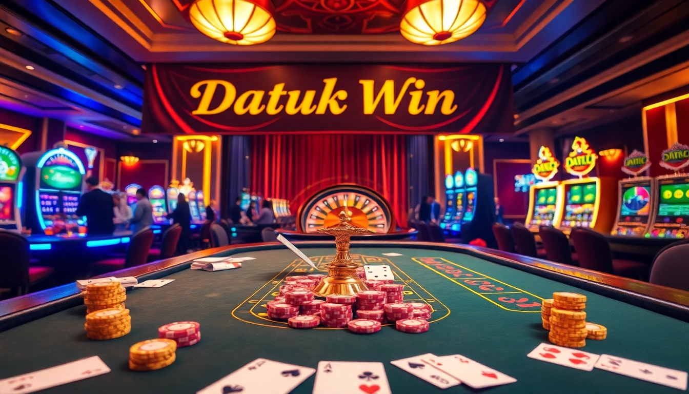 Adegan kasino yang dinamis secara visual menampilkan elemen perjudian mewah dan spanduk 'datuk win' untuk suasana yang penuh semangat.