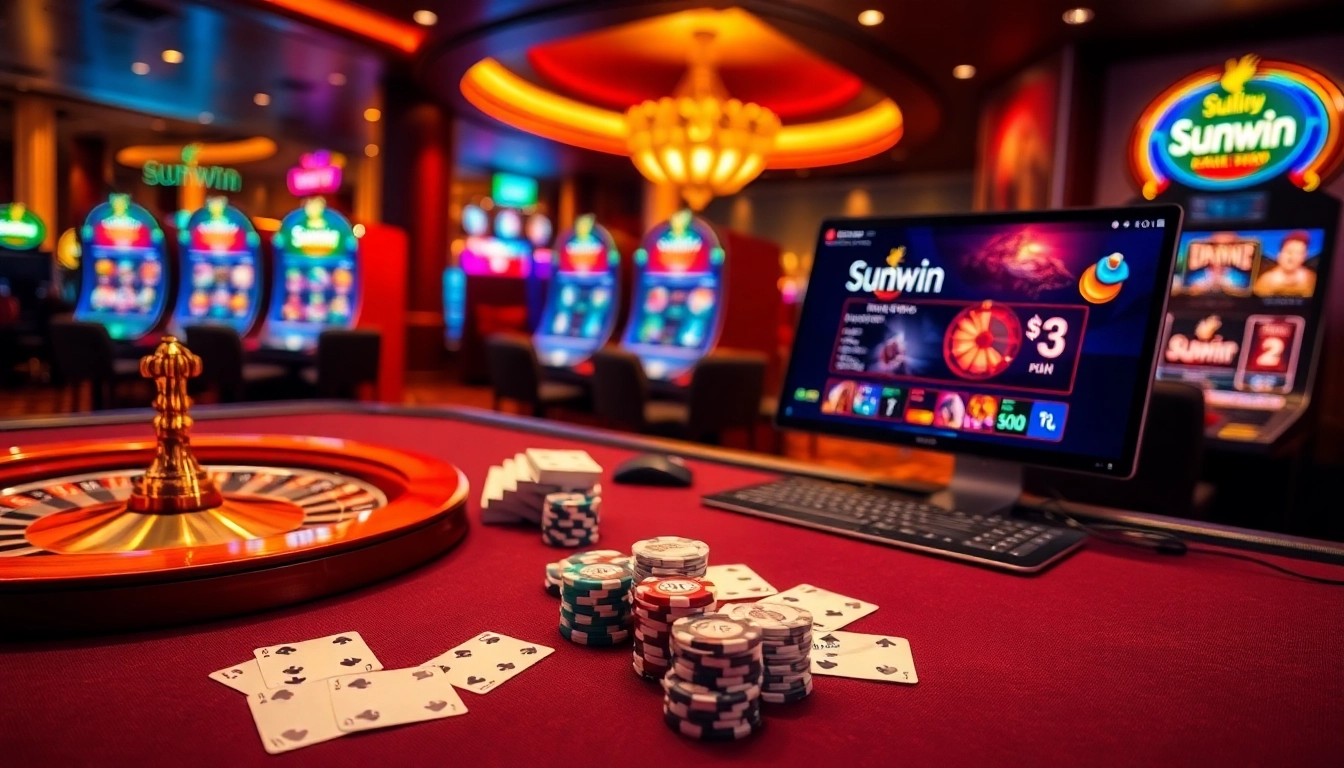 Experience the excitement of Sunwin with an engaging casino scene featuring poker chips and slot machines.