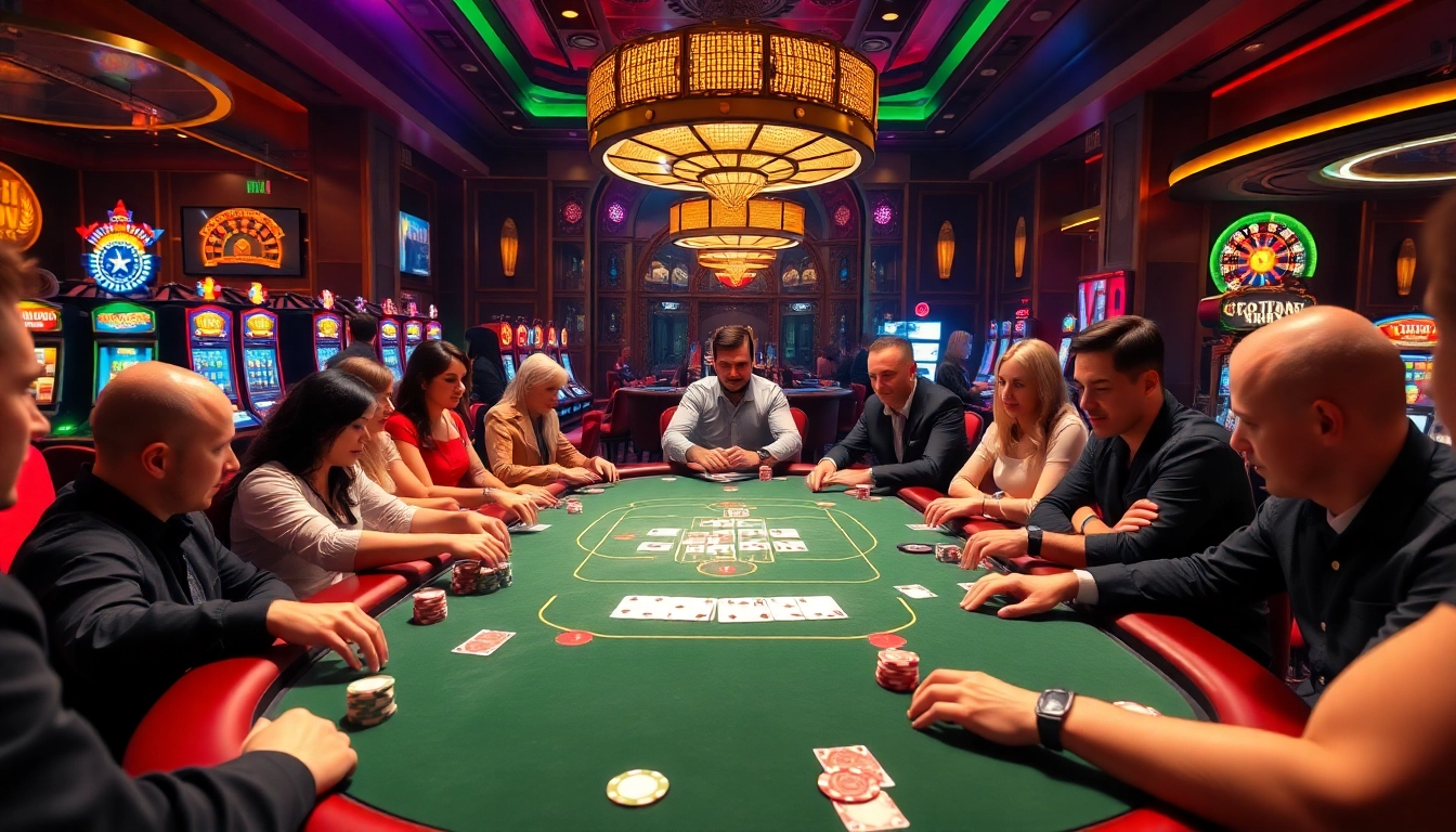 Experience the excitement of gambling at kk55.fit with a lively poker game and vibrant casino atmosphere.