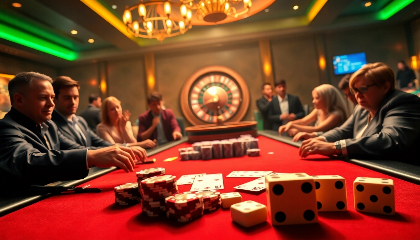 Players enjoying an exciting poker game at 88i casino, surrounded by vibrant chips and cards.