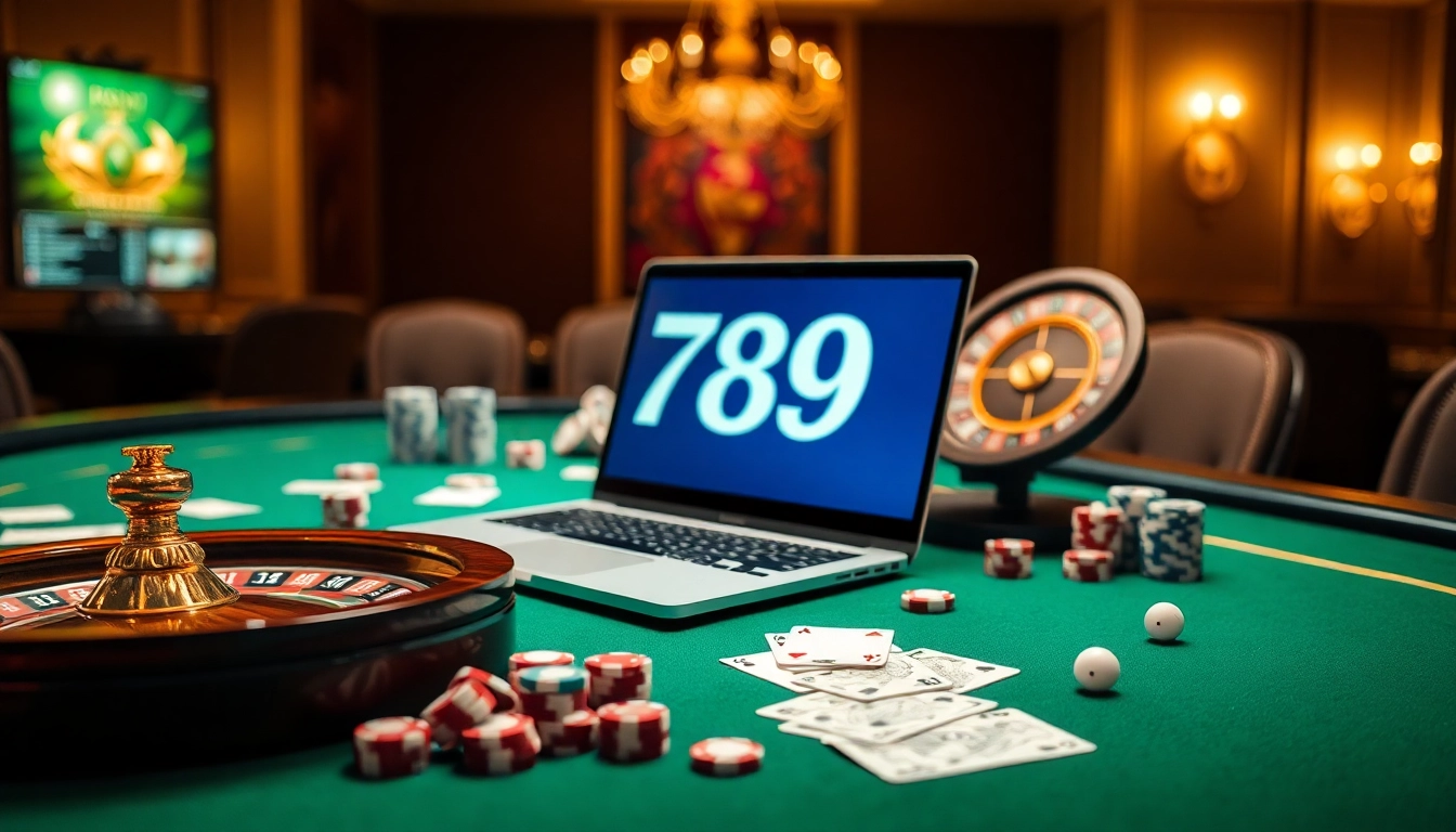 Engage with 789 win in an exciting casino atmosphere featuring poker chips and a roulette wheel.