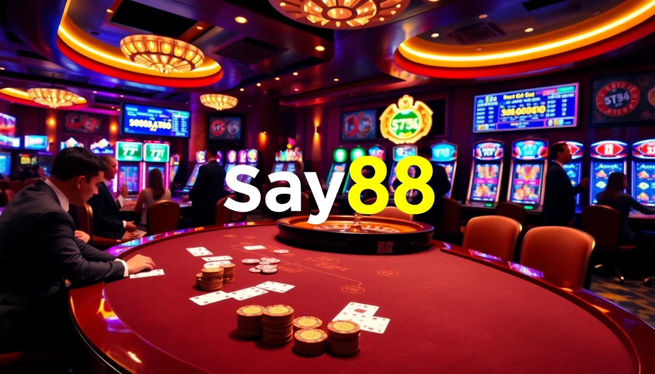 say88 gamblers enjoying a thrilling poker game at a luxurious casino table.
